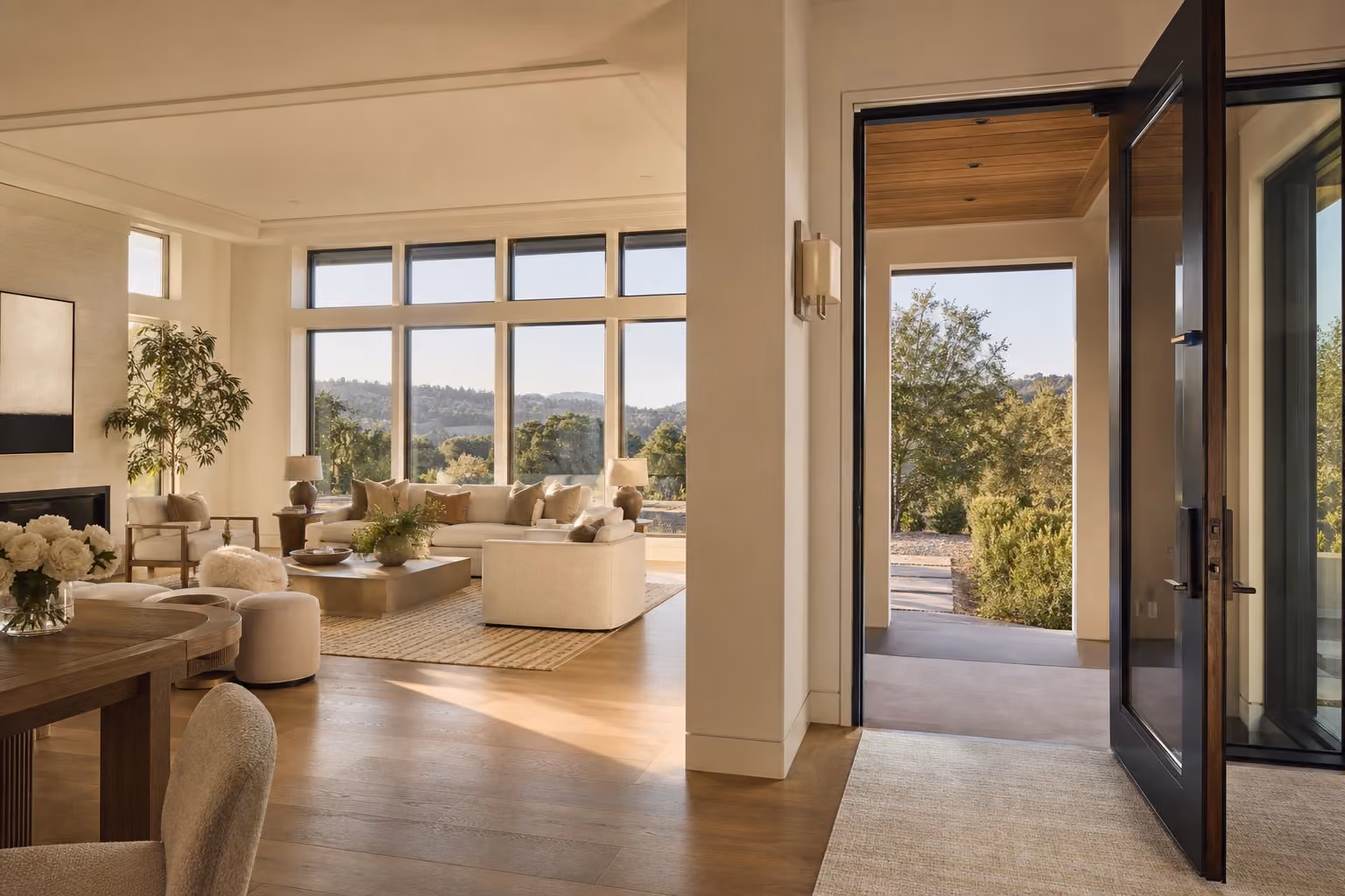 Sunlit luxury Bay Area home interior opening to the hills